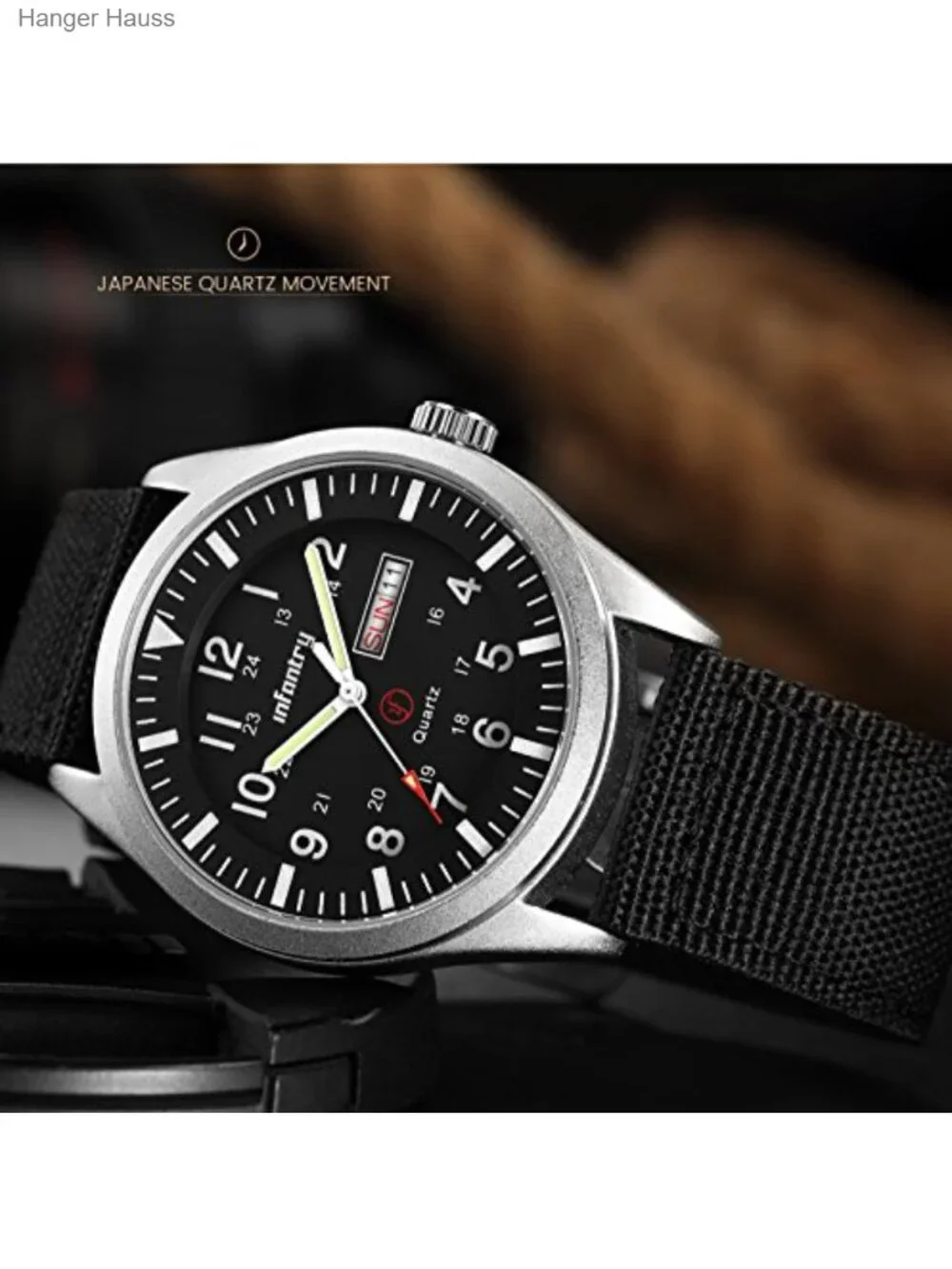 Mens Military Field Watch 12/24H Day Date 5ATM Waterproof Nylon Band Analog